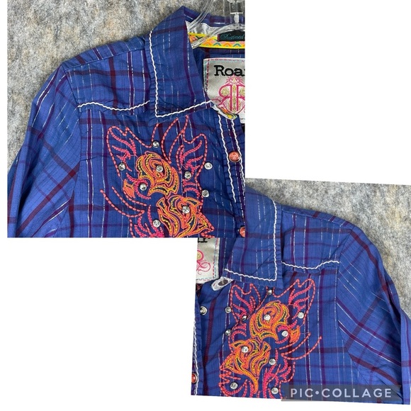 Roar Snap Up Embroidered Rhinestone Metallic Cowgirl Western Shirt -  Juniors L - Picture 5 of 16